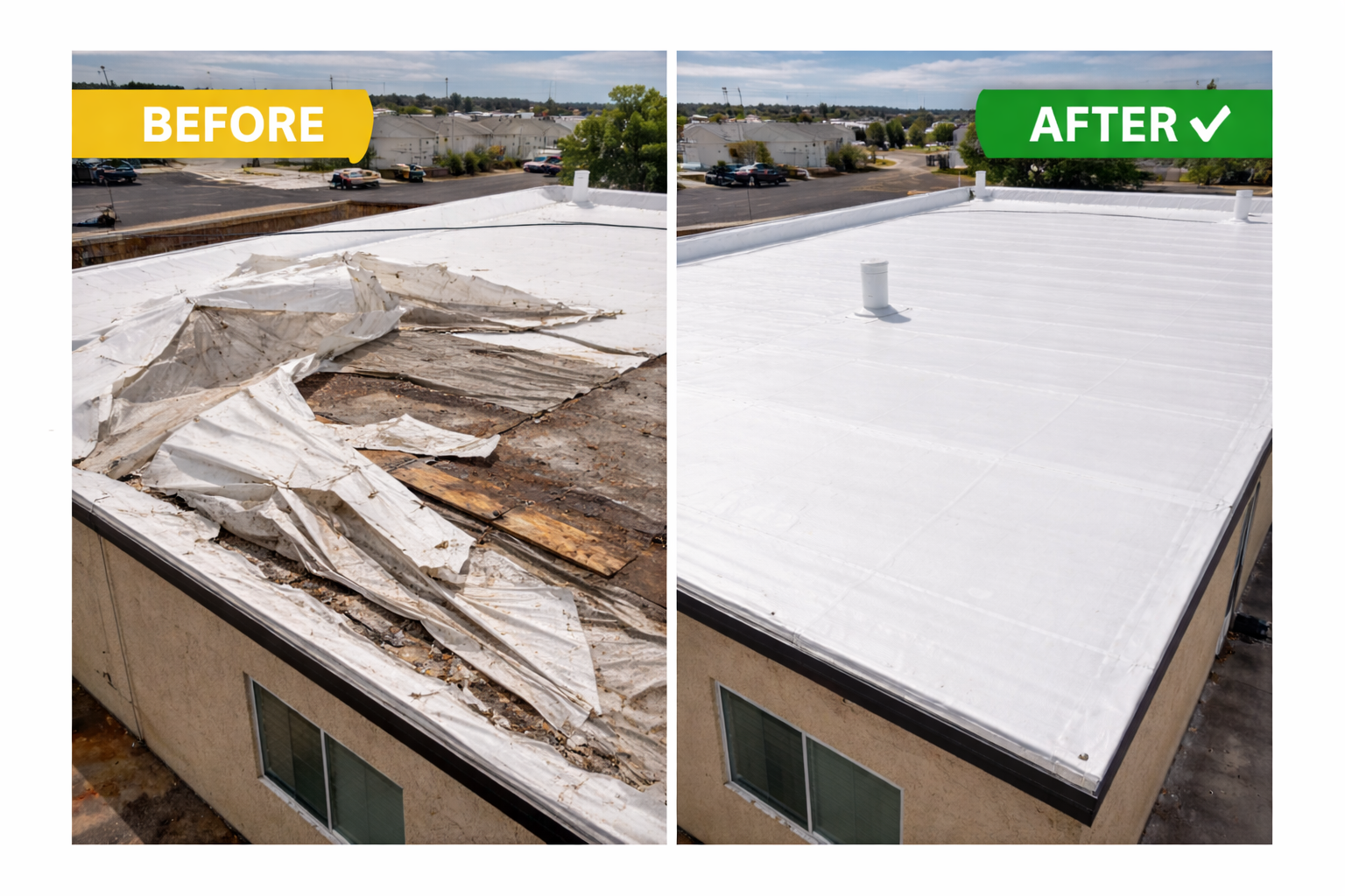 Before and after commercial TPO roof repair in Victorville CA showing storm-damaged torn membrane replaced with new 60-mil TPO roofing