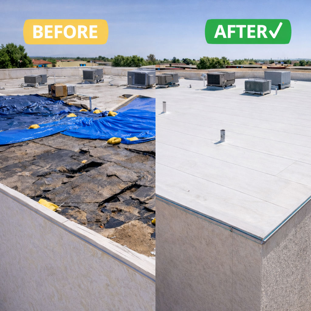 Split before and after image of a storm-damaged commercial TPO roof in Victorville, California, showing torn roofing membrane and emergency tarping on the left and a newly installed white TPO roof with clean seams and rooftop HVAC units on the right.