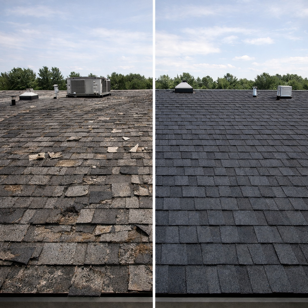 Side-by-side view of a worn asphalt shingle roof with damaged, missing shingles on the left and a newly replaced asphalt shingle roof with clean, uniform dark gray shingles on the right, shown from the same angle in daylight.